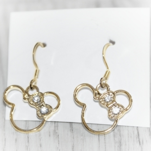 Golden Disney Hollow Minnie Mouse crystal bow earrings - Picture 5 of 6